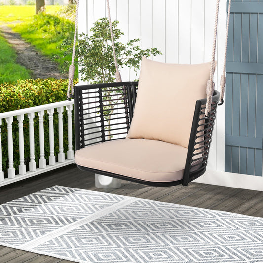 Patio Hanging Rattan Basket Chair Swing Hammock Chair with Cushions-Brown