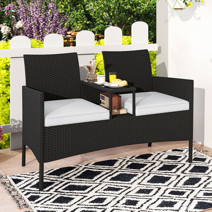 Patio Loveseat with Built-in Table with Soft Cushions and Tempered Glass Tabletop-White