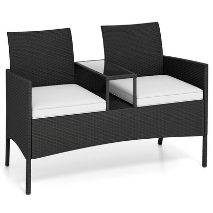 Patio Loveseat with Built-in Table with Soft Cushions and Tempered Glass Tabletop-White