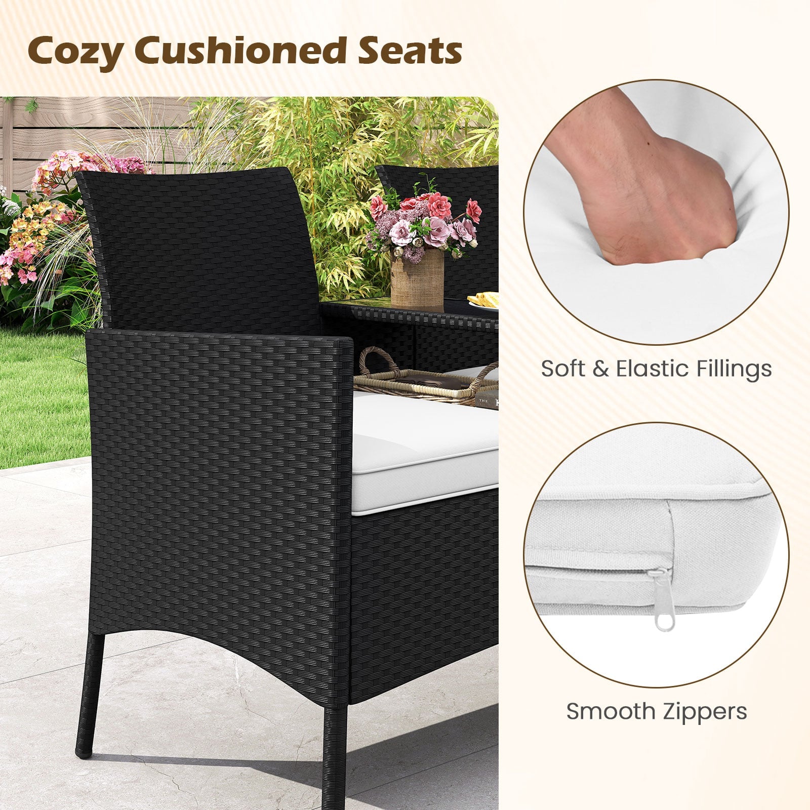 Patio Loveseat with Built-in Table with Soft Cushions and Tempered Glass Tabletop-White