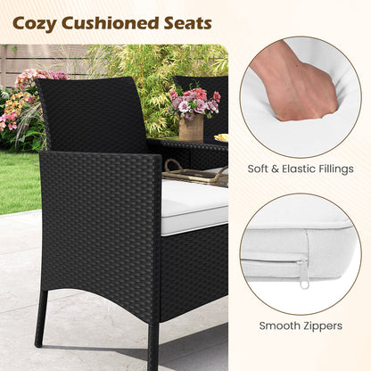 Patio Loveseat with Built-in Table with Soft Cushions and Tempered Glass Tabletop-White