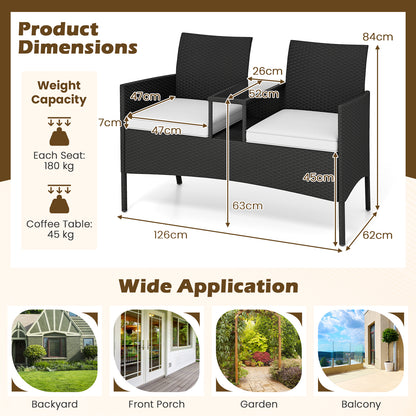 Patio Loveseat with Built-in Table with Soft Cushions and Tempered Glass Tabletop-White