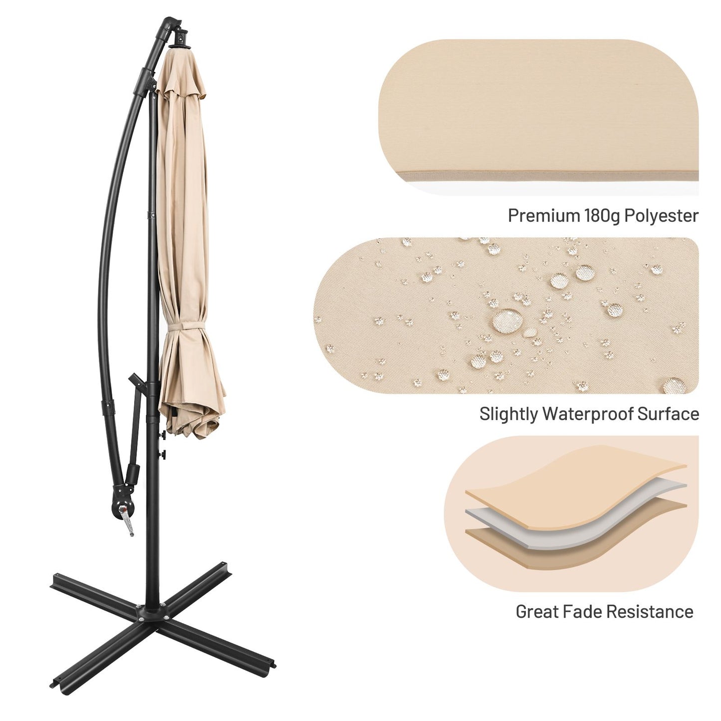 10 FT Patio Offset Umbrella with Cross Base and Crank for Garden Poolside and Yard-Beige