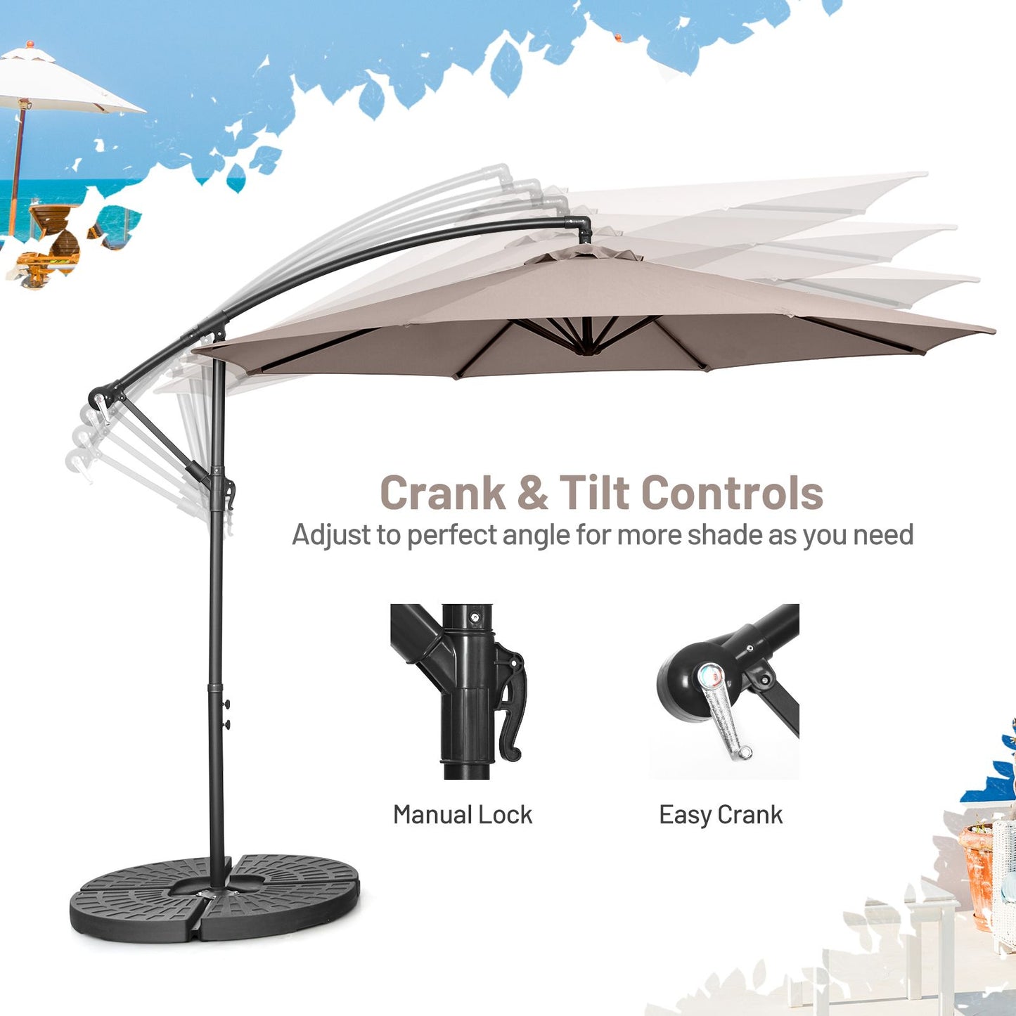 10 FT Patio Offset Umbrella with Cross Base and Crank for Garden Poolside and Yard-Coffee