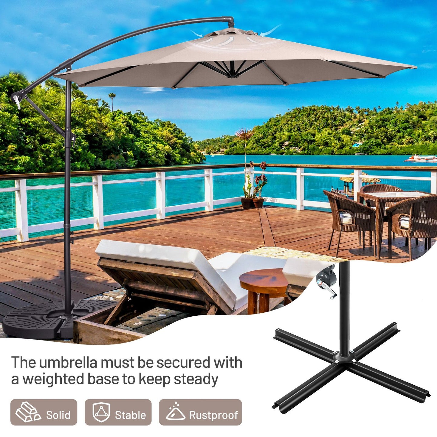 10 FT Patio Offset Umbrella with Cross Base and Crank for Garden Poolside and Yard-Coffee