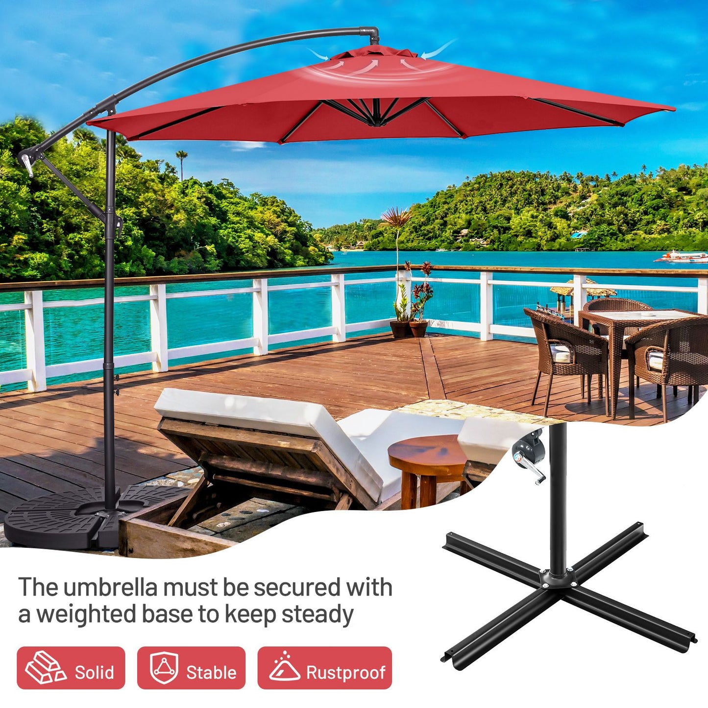 10 FT Patio Offset Umbrella with Cross Base and Crank for Garden Poolside and Yard-Red