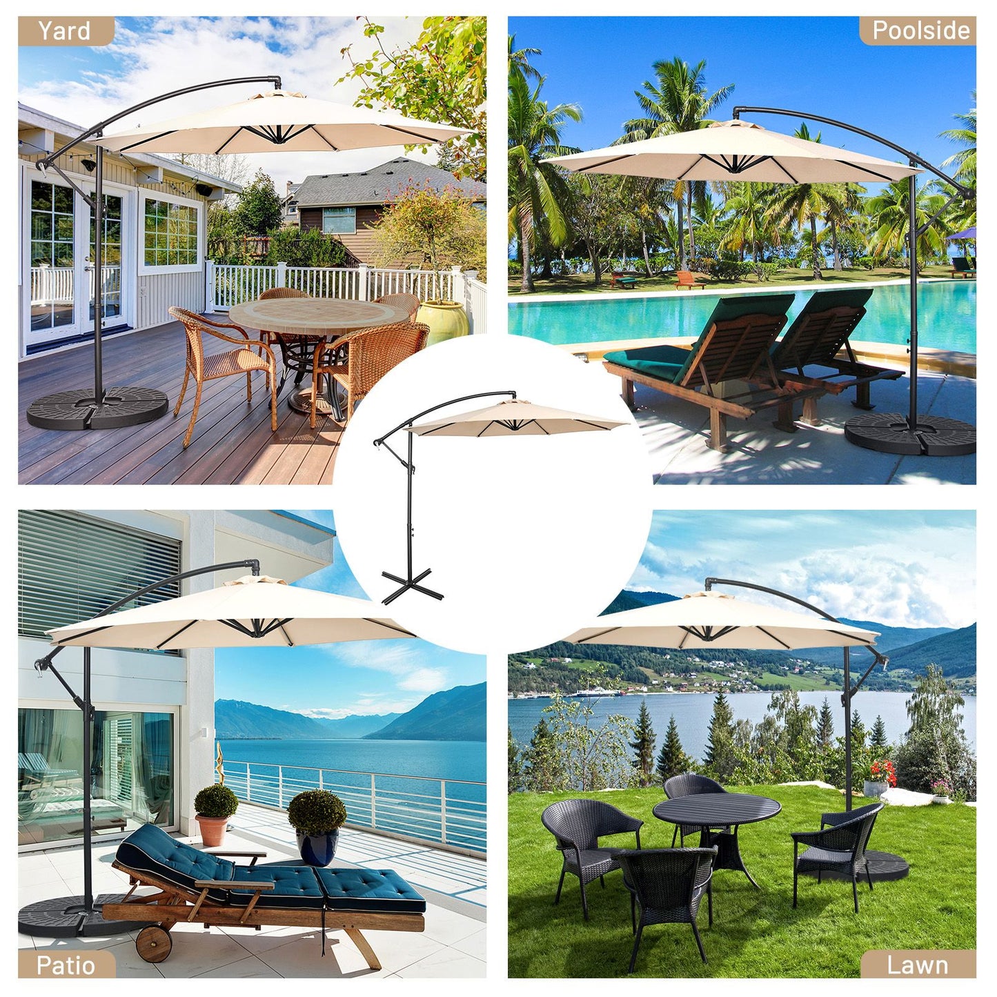 10 FT Patio Offset Umbrella with Cross Base and Crank for Garden Poolside and Yard-Beige