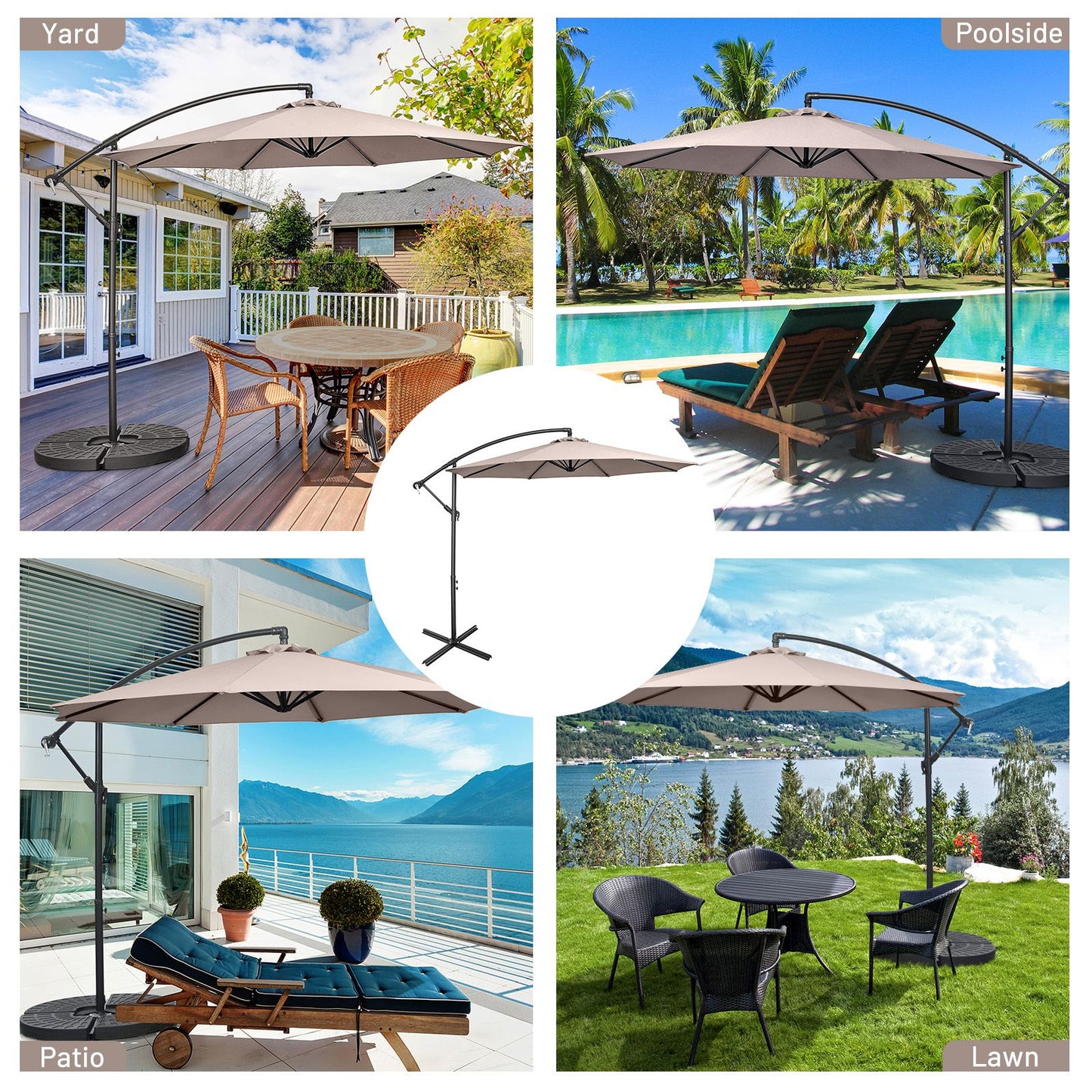 10 FT Patio Offset Umbrella with Cross Base and Crank for Garden Poolside and Yard-Coffee