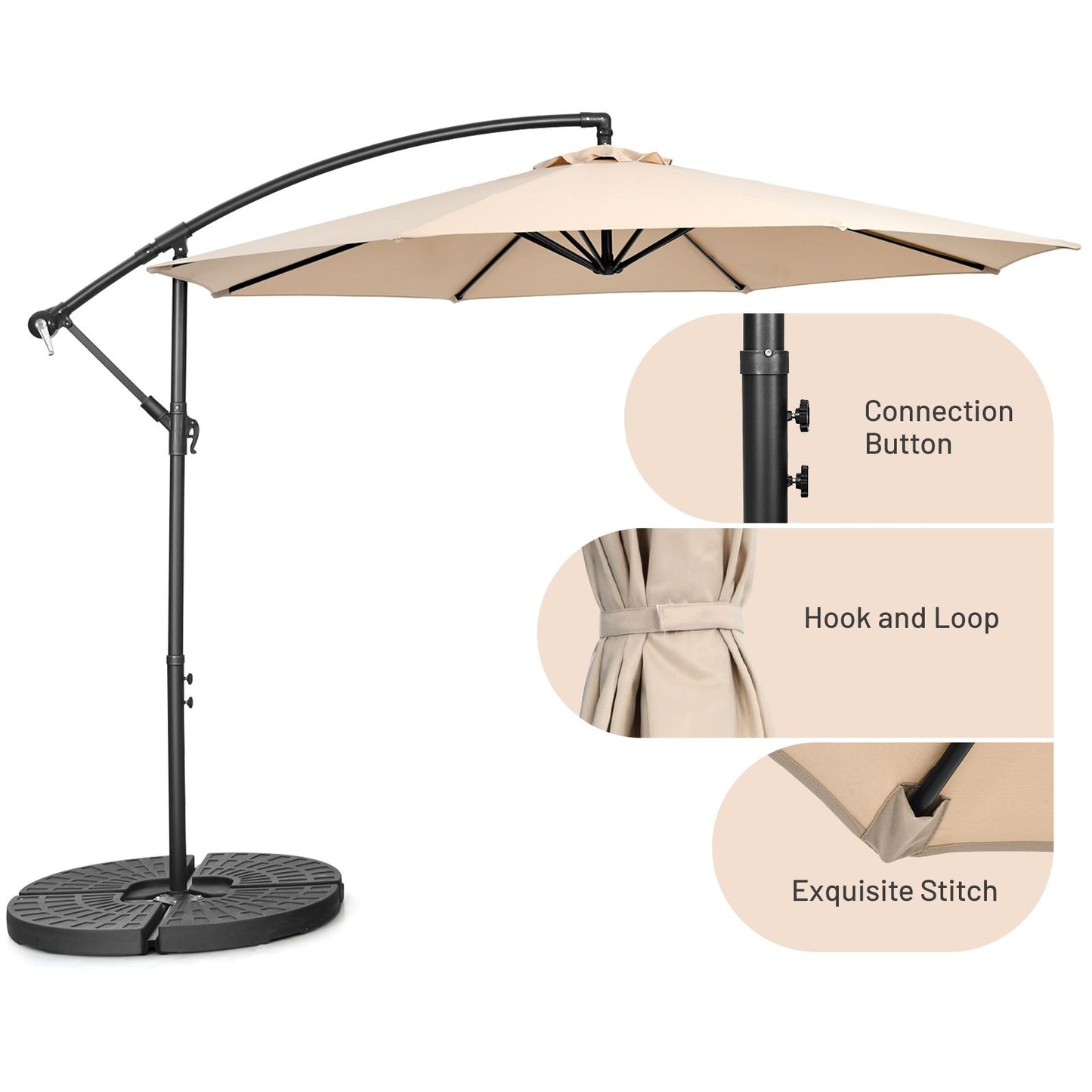 10 FT Patio Offset Umbrella with Cross Base and Crank for Garden Poolside and Yard-Beige