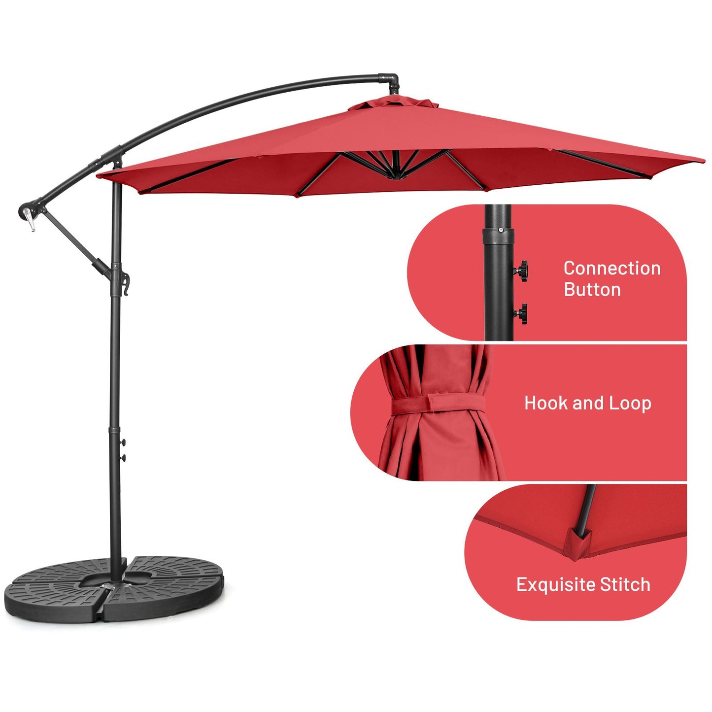 10 FT Patio Offset Umbrella with Cross Base and Crank for Garden Poolside and Yard-Red