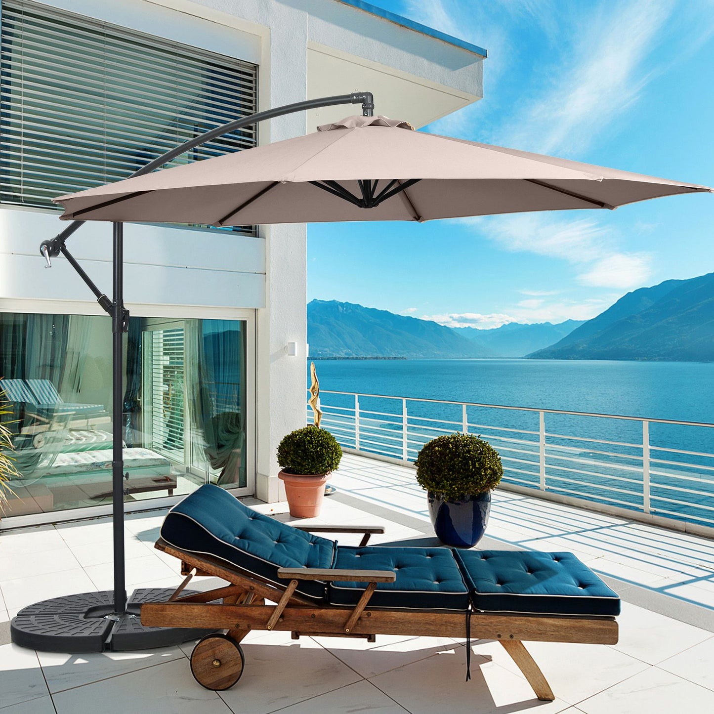 10 FT Patio Offset Umbrella with Cross Base and Crank for Garden Poolside and Yard-Coffee