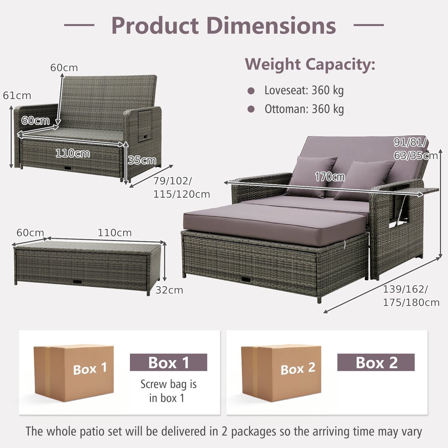 Patio Rattan Daybed Set with Multipurpose Ottoman and Retractable Side Tray-Grey