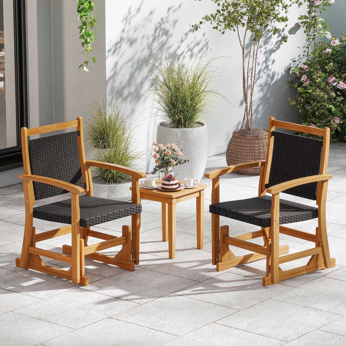 Patio Rattan Glider Chair Swing Gliding Rocker with Acacia Wood Frame