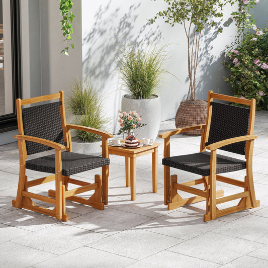Patio Rattan Glider Chair Swing Gliding Rocker with Acacia Wood Frame