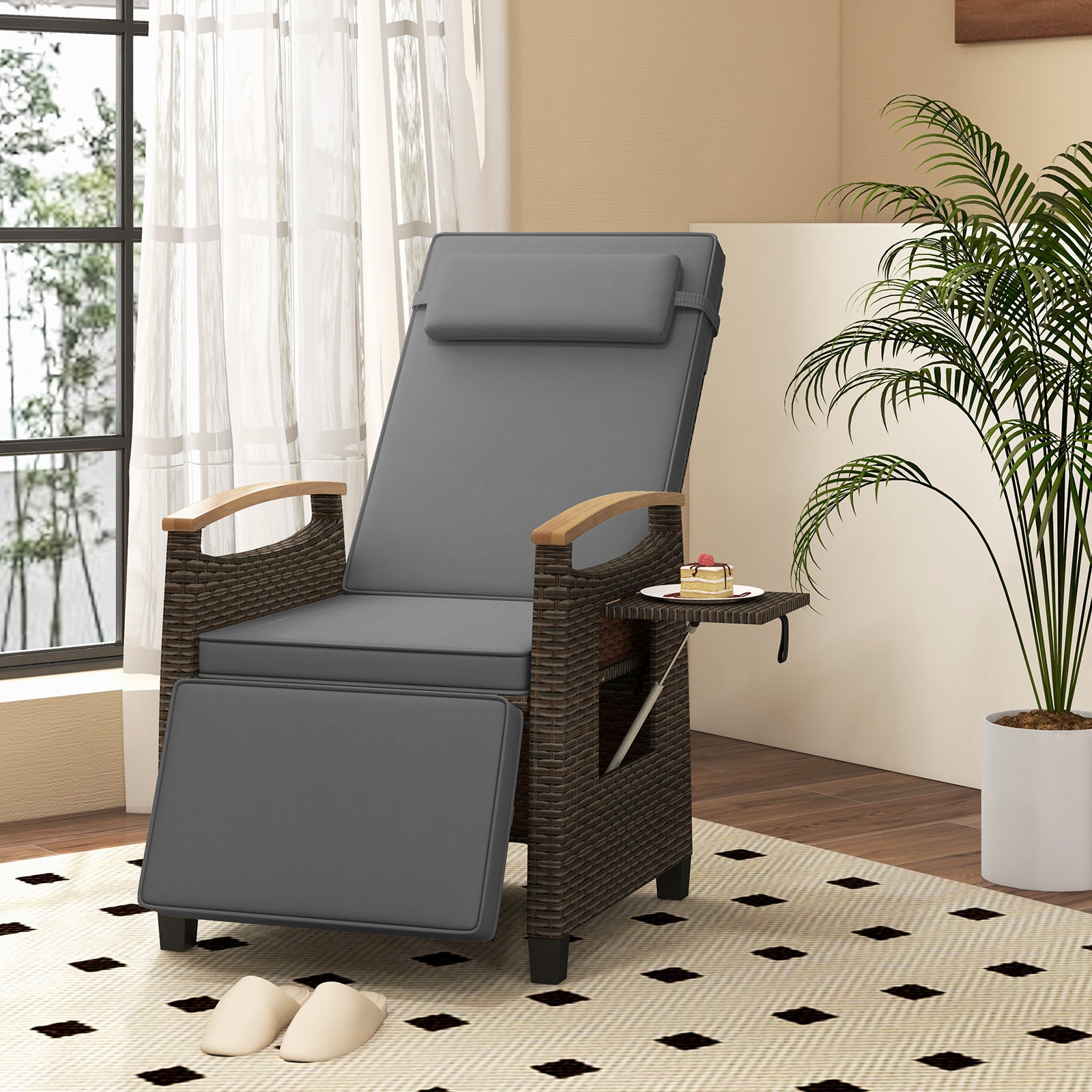 Patio Rattan Lounge Chair Recliner with Adjustable Footrest and Side Table-Grey