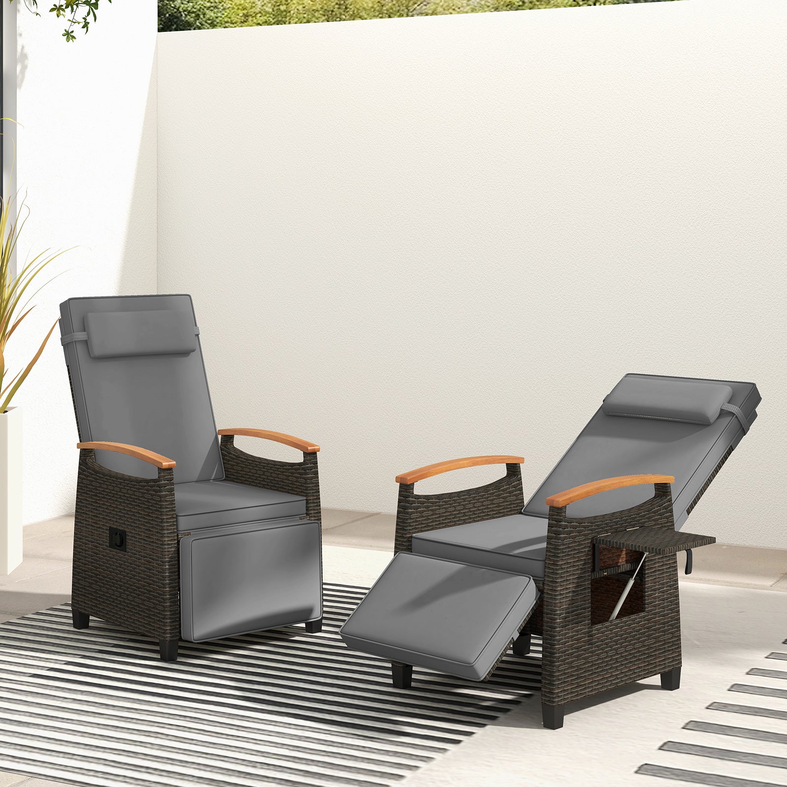 Patio Rattan Lounge Chair Recliner with Adjustable Footrest and Side Table-Grey