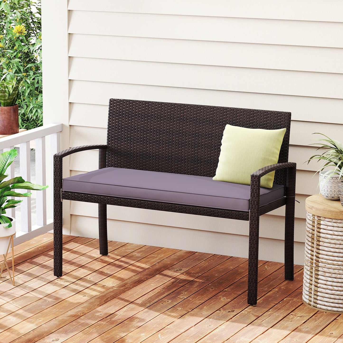 Patio Rattan Loveseat Wicker 2-Seat Bench with Soft Seat Cushion-Grey