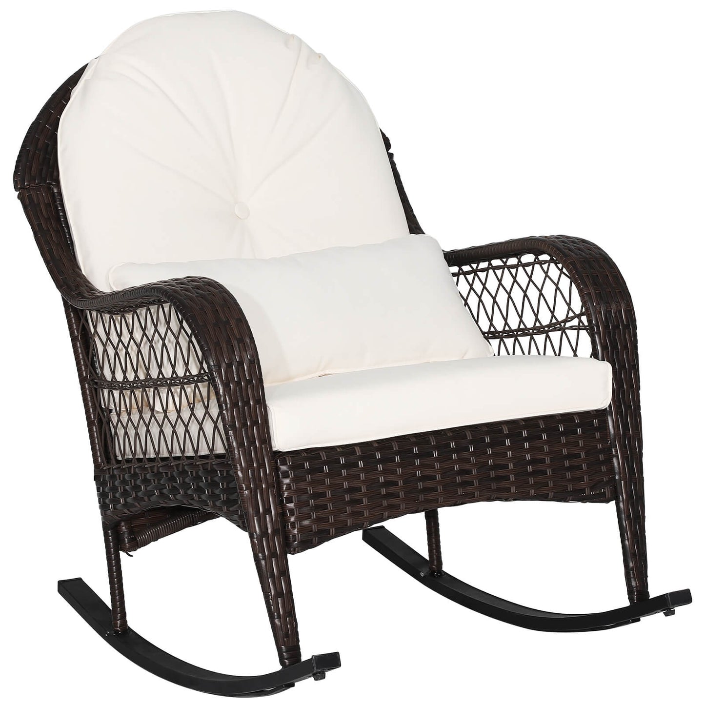 Patio Rattan Rocking Chair with Seat Back Cushions and Waist Pillow-White
