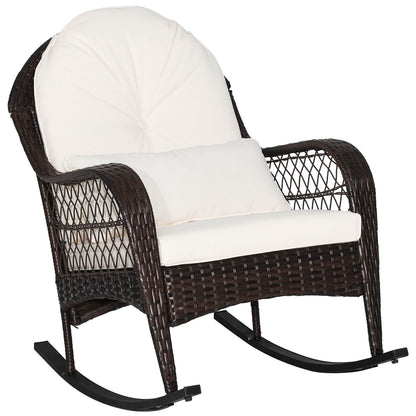 Patio Rattan Rocking Chair with Seat Back Cushions and Waist Pillow-White