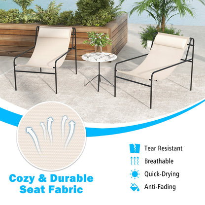 Patio Sling Lounge Chair wth Removable Headrest Pillow-Beige