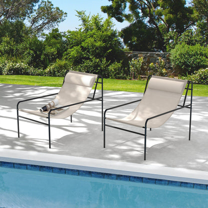 Patio Sling Lounge Chair wth Removable Headrest Pillow-Beige