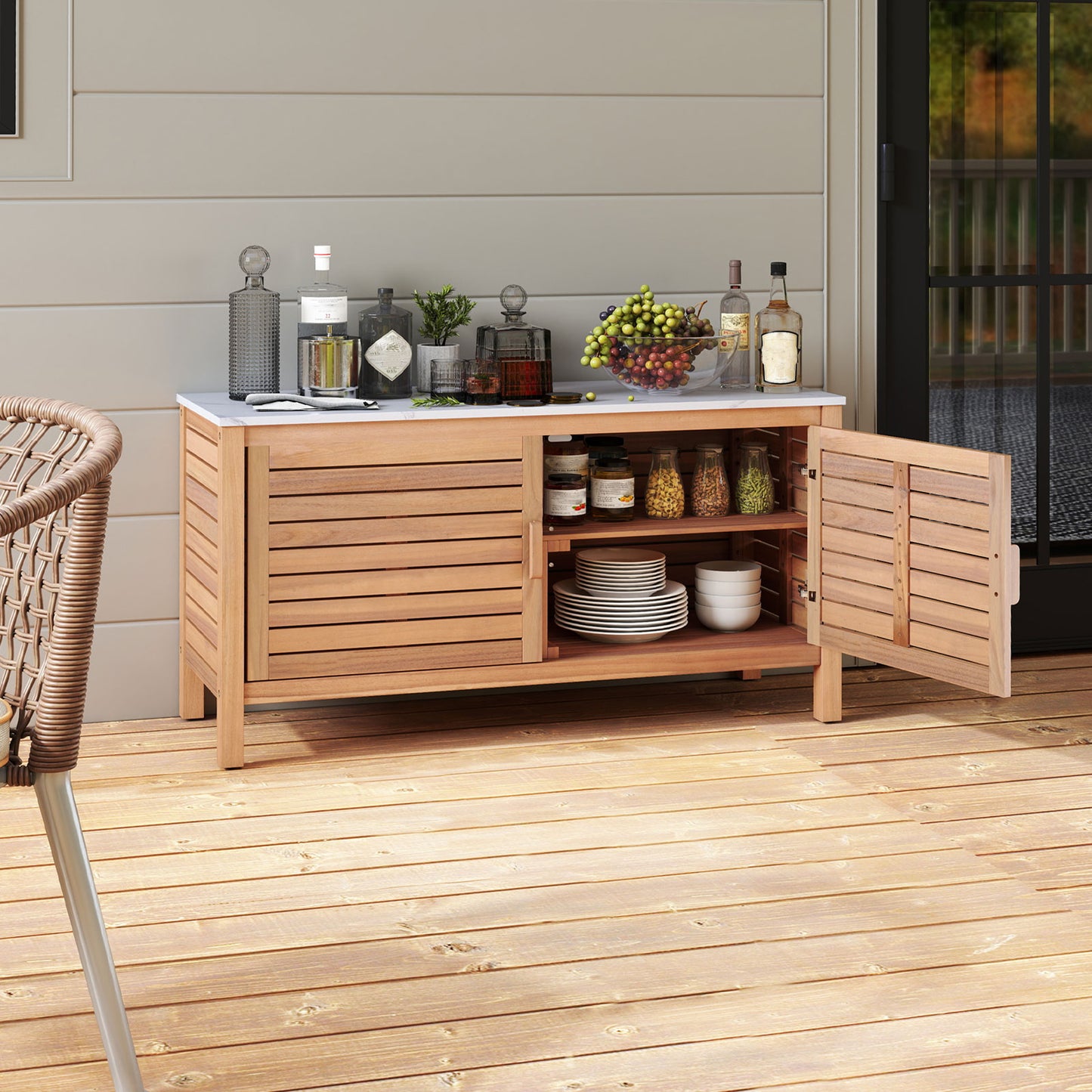 Patio Storage Cabinet 2-Door Acacia Wood Storage Container with Faux Marble Top