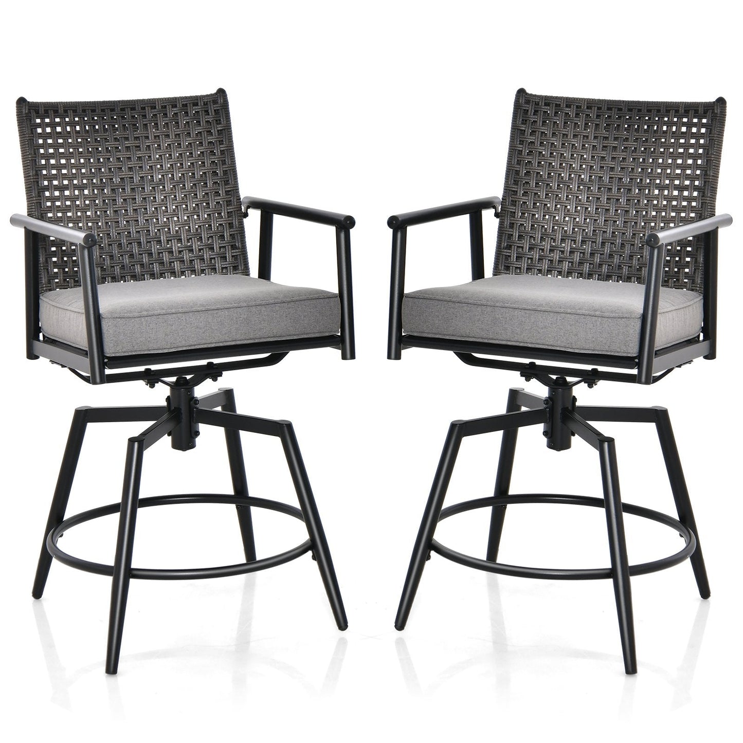 Patio Swivel Bar Stools Set of 2 with PE Rattan Back and Metal Frame-Black