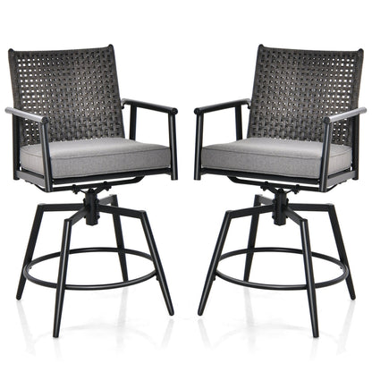 Patio Swivel Bar Stools Set of 2 with PE Rattan Back and Metal Frame-Black