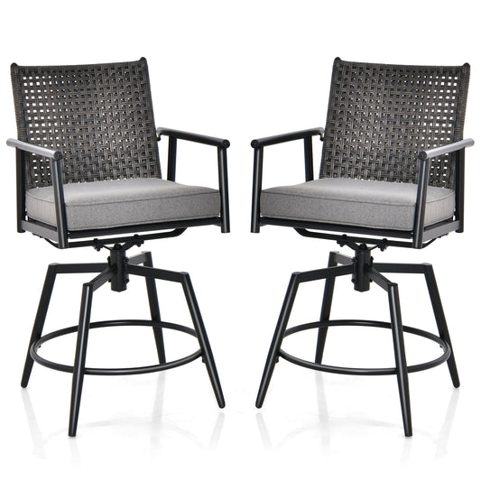 Patio Swivel Bar Stools Set of 2 with PE Rattan Back and Metal Frame-Black