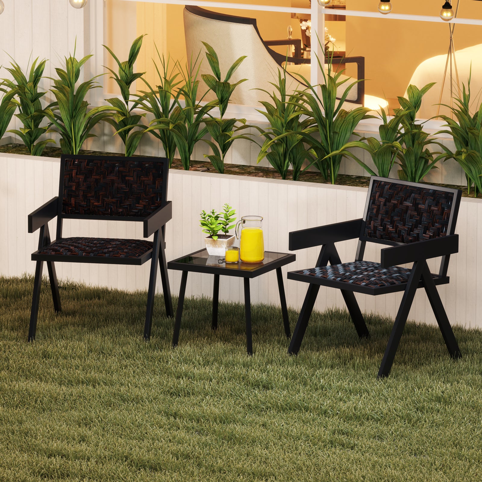 Patio Table and Chairs Set with Quick-Drying Foam for Porch and Balcony-Brown