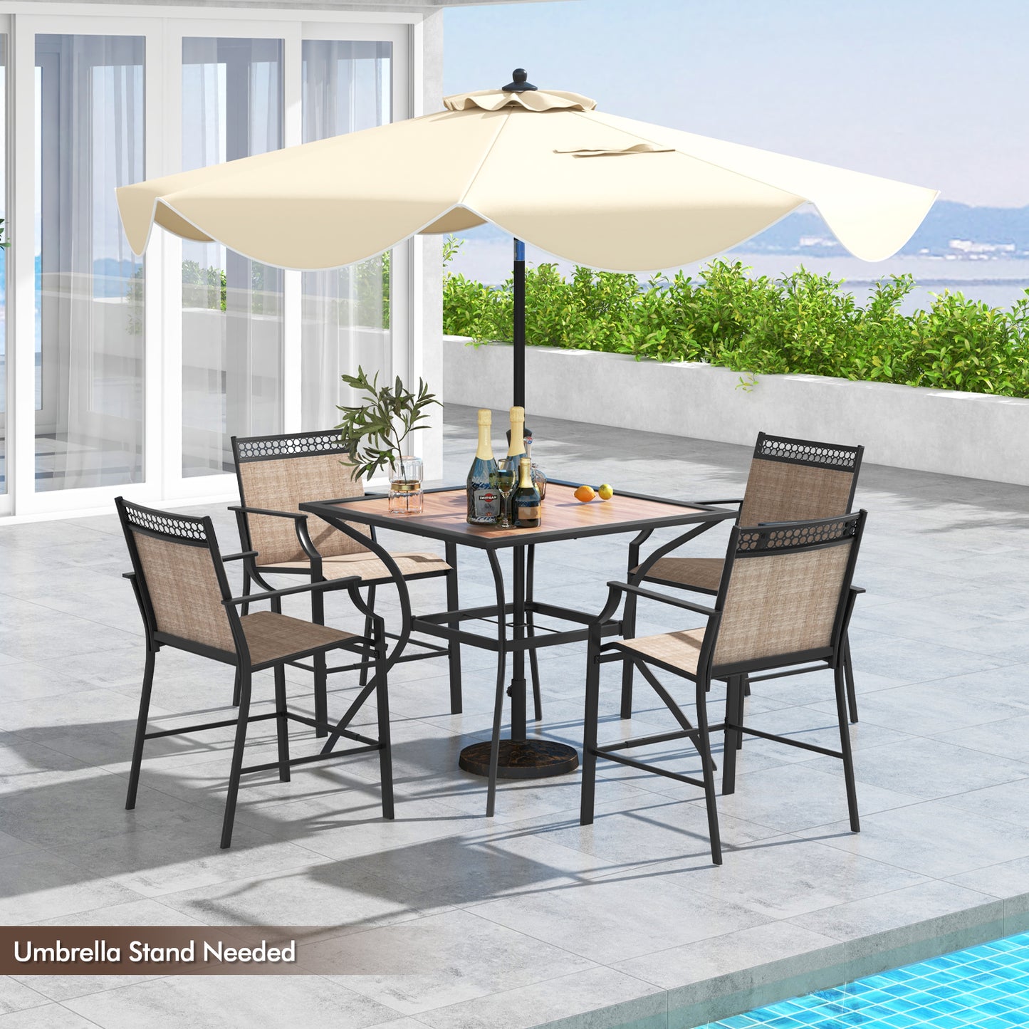 Patio Dining Table with Umbrella Hole adn Wood-Like Tabletop for 4 People