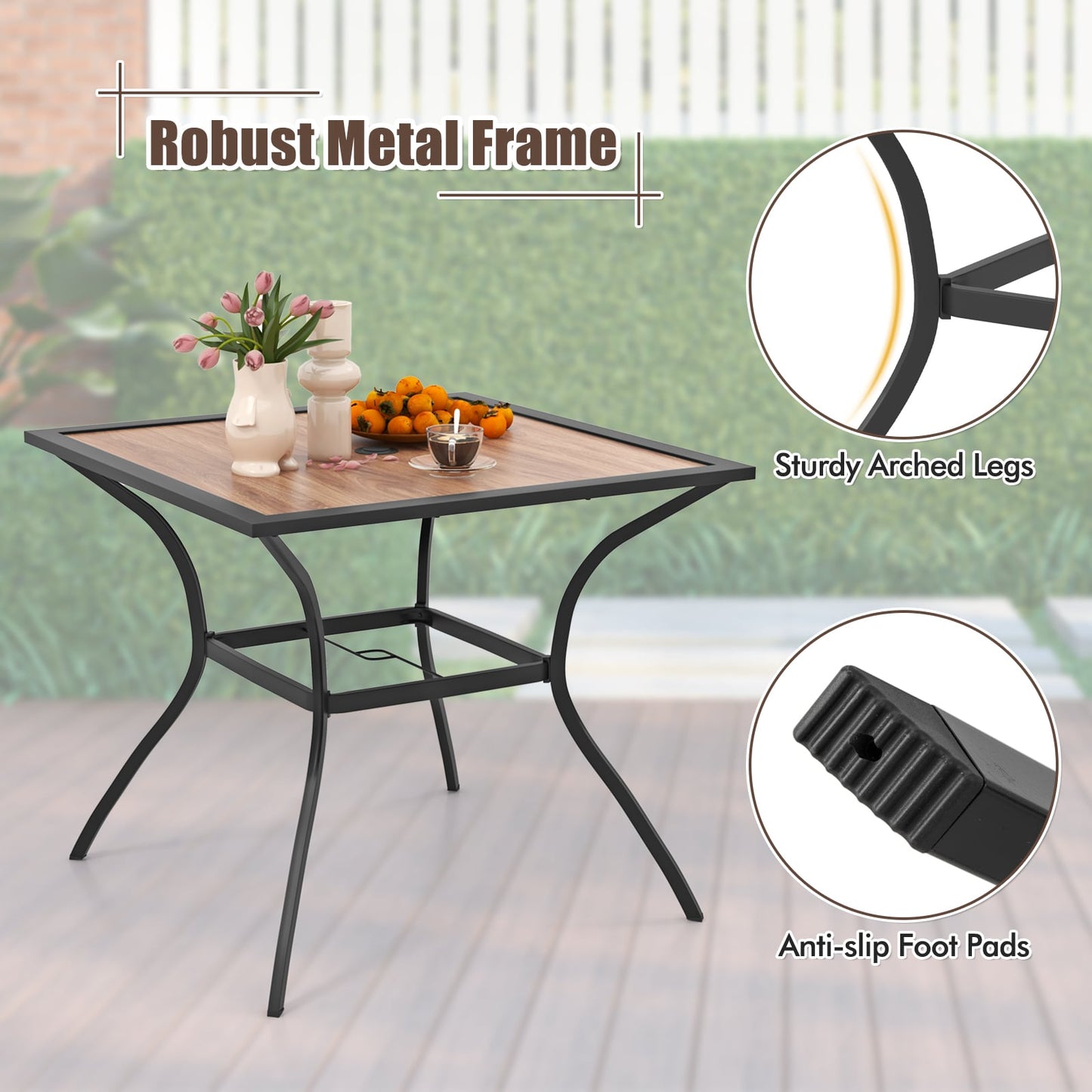 Patio Dining Table with Umbrella Hole adn Wood-Like Tabletop for 4 People