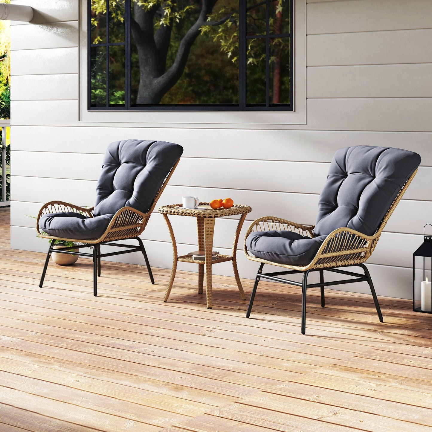 Patio Wicker Chair Outdoor Rattan Dining Chair with Soft Cushion-Grey
