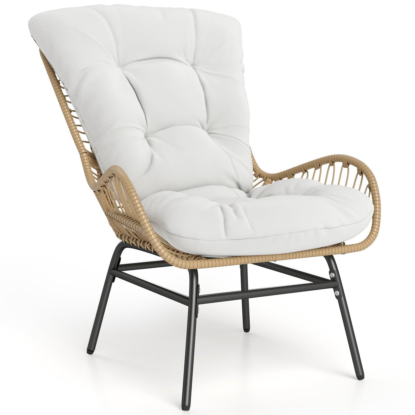Patio Wicker Chair Outdoor Rattan Dining Chair with Soft Cushion-Off White