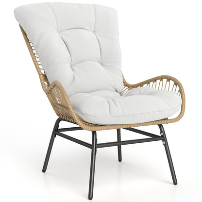 Patio Wicker Chair Outdoor Rattan Dining Chair with Soft Cushion-Off White