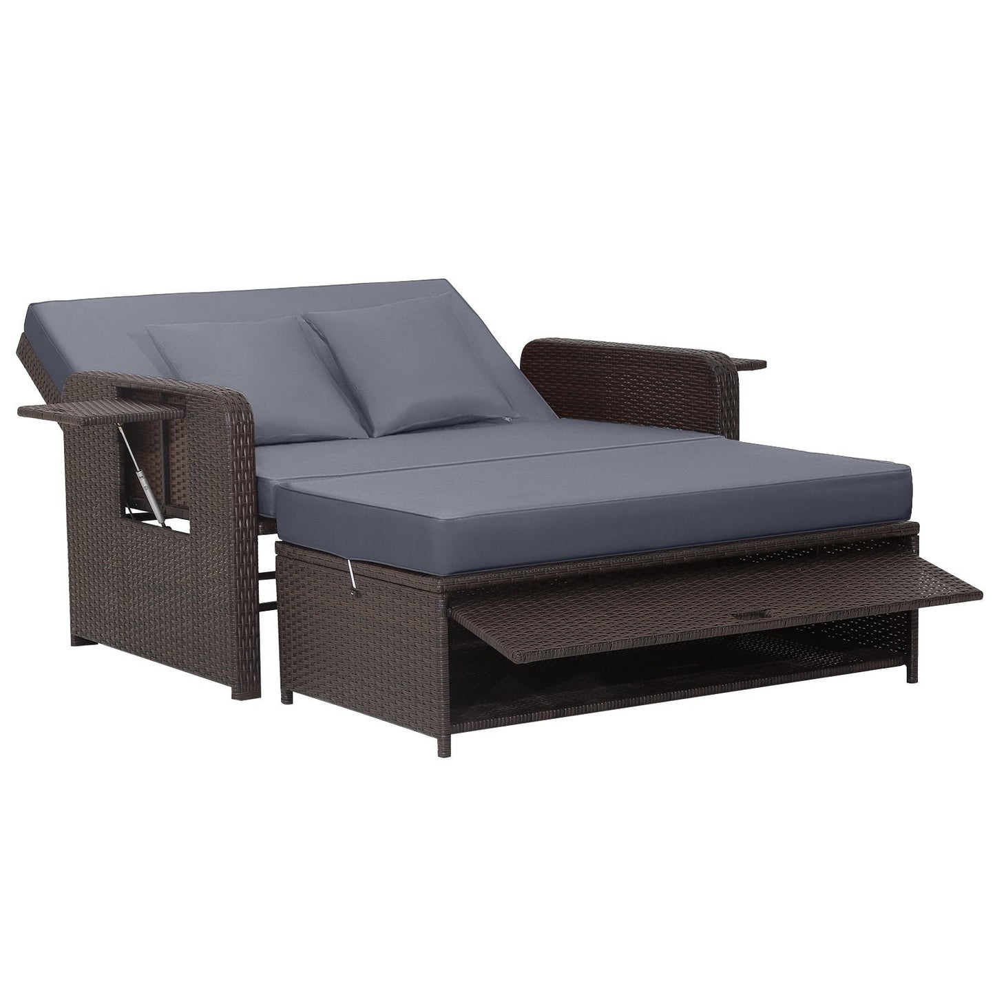Patio Wicker Loveseat Sofa with Multipurpose Ottoman and Retractable Side Tray-Grey