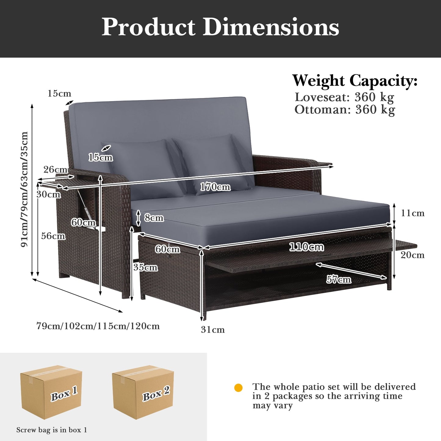 Patio Wicker Loveseat Sofa with Multipurpose Ottoman and Retractable Side Tray-Grey