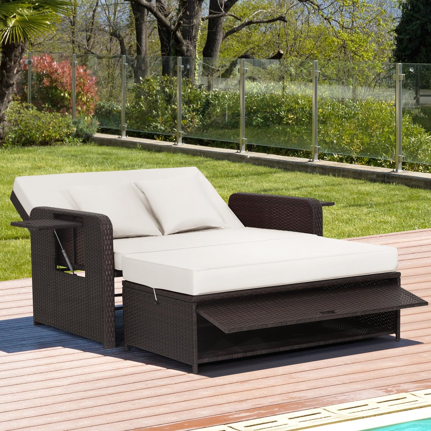 Patio Wicker Loveseat Sofa with Multipurpose Ottoman and Retractable Side Tray-White