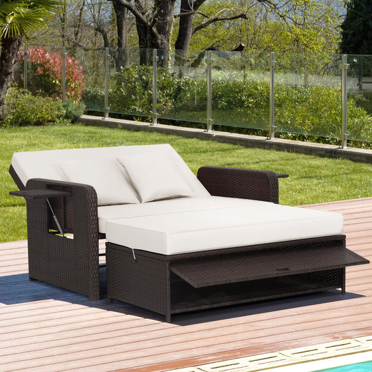 Patio Wicker Loveseat Sofa with Multipurpose Ottoman and Retractable Side Tray-White