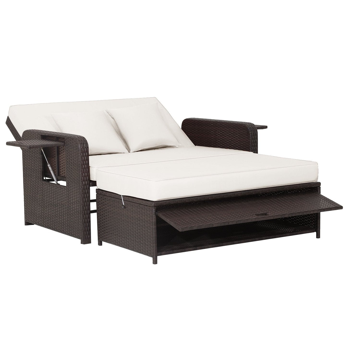 Patio Wicker Loveseat Sofa with Multipurpose Ottoman and Retractable Side Tray-White