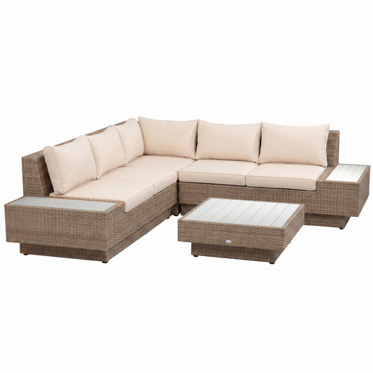 Outsunny 4 Pieces Rattan Garden Furniture Set, Garden Corner Sofa with Side Trays, Wicker Conservatory Furniture Set with Loveseats, Slatted Plastic Top Coffee Table and Cushions, Beige
