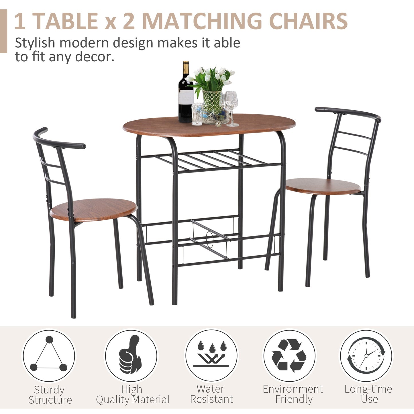HOMCOM 3-Piece Dining Table Set , Metal Frame Wood Top Breakfast Bar Table Set for 2, Dining Table w/Storage Shelf & 2 chairs