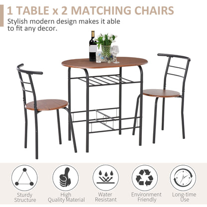 HOMCOM 3-Piece Dining Table Set , Metal Frame Wood Top Breakfast Bar Table Set for 2, Dining Table w/Storage Shelf & 2 chairs