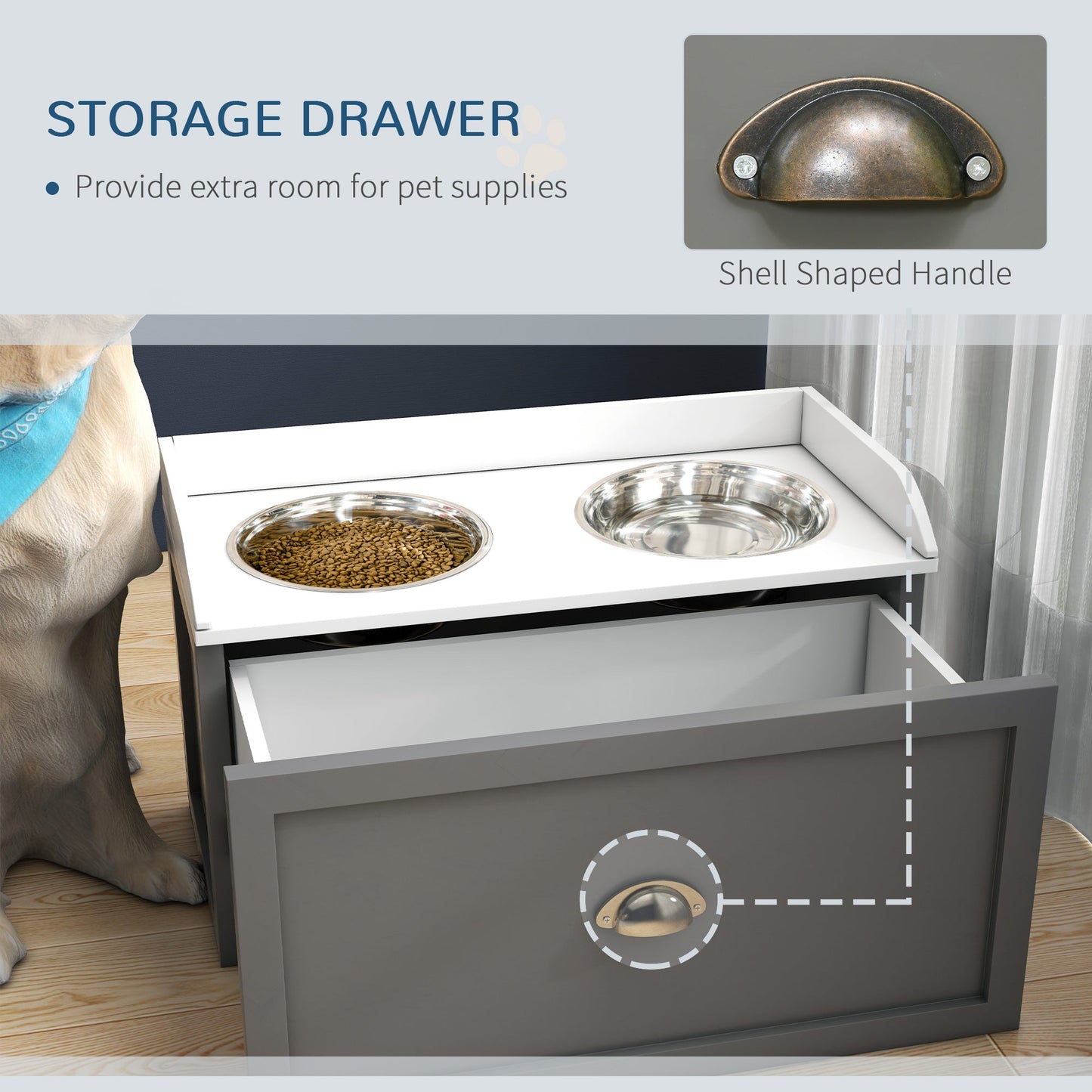 PawHut Stainless Steel Raised Dog Bowls, with 21L Storage Drawer for Large Dogs - Grey