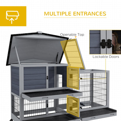 PawHut Portable Rabbit Cage, Rabbit Hutch with Run, Wheels, 3 Slide-out Trays, Ramp, Openable Top for Outdoor Indoor - Grey