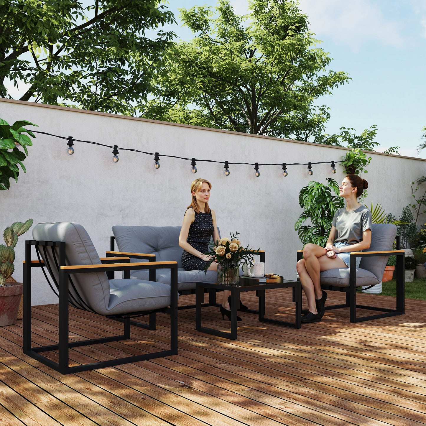 Zestaw mebli ogrodowych Outsunny, 4-częściowy zestaw do ogrodu zimowego z sofą dwuosobową, fotelami, szklanym stolikiem kawowym, poduszkami na balkon, przy basenie, na patio, jasnoszary
