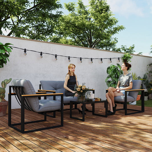 Zestaw mebli ogrodowych Outsunny, 4-częściowy zestaw do ogrodu zimowego z sofą dwuosobową, fotelami, szklanym stolikiem kawowym, poduszkami na balkon, przy basenie, na patio, jasnoszary