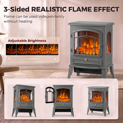 HOMCOM Electric Fireplace Stove, 1000/2000W 3-Sided Freestanding Fireplace Heater with 3D Flame Log, Thermostat, Grey
