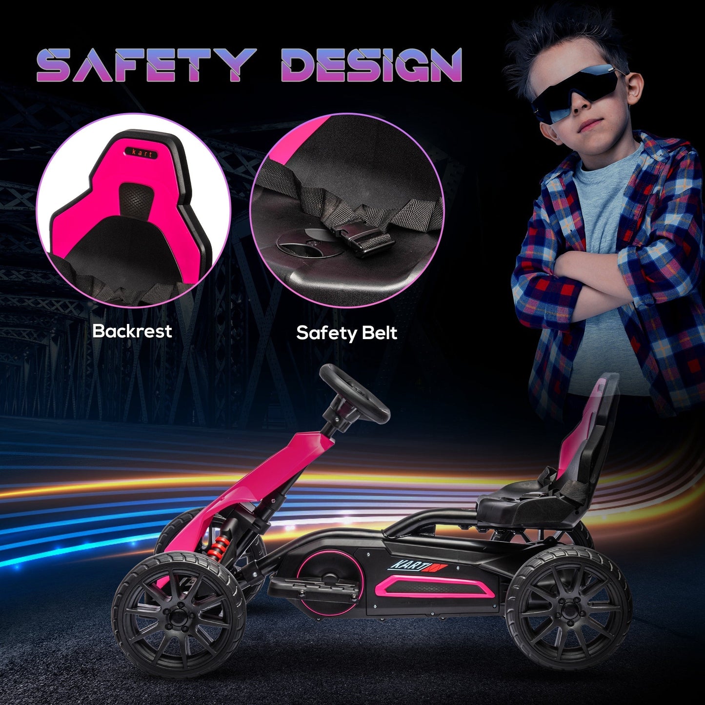 12V Electric Go Kart for Kids, Ride-On Racing Go Kart w/ Forward Reversing, Rechargeable Battery, 2 Speeds, for Kids Aged 3-8, Pink