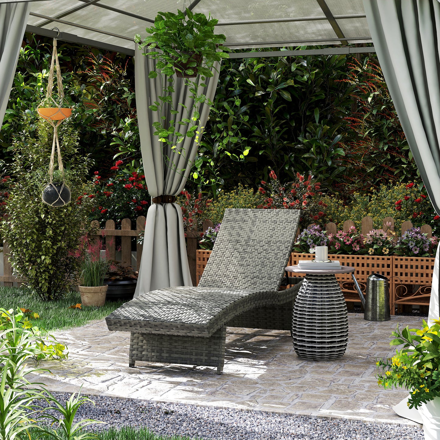 Outsunny Outdoor PE Rattan Leżak, składany wiklinowy leżak ogrodowy z oparciem regulowanym na 4 poziomach, rolowany leżak z kółkami, antypoślizgowe nogi na balkon, plaża, mieszany szary